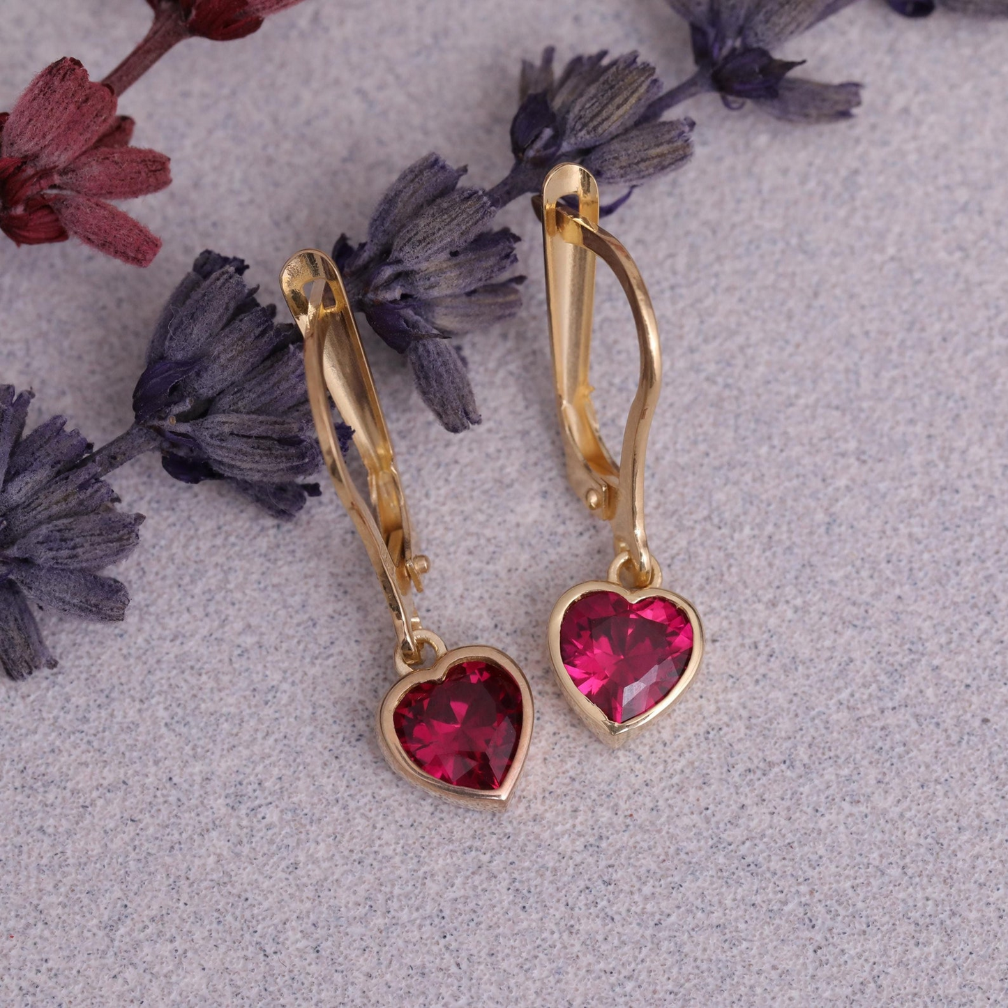 Ruby Heart Cut Bezel Dangle Earrings 14K Solid Gold, July Birthstone Jewelry