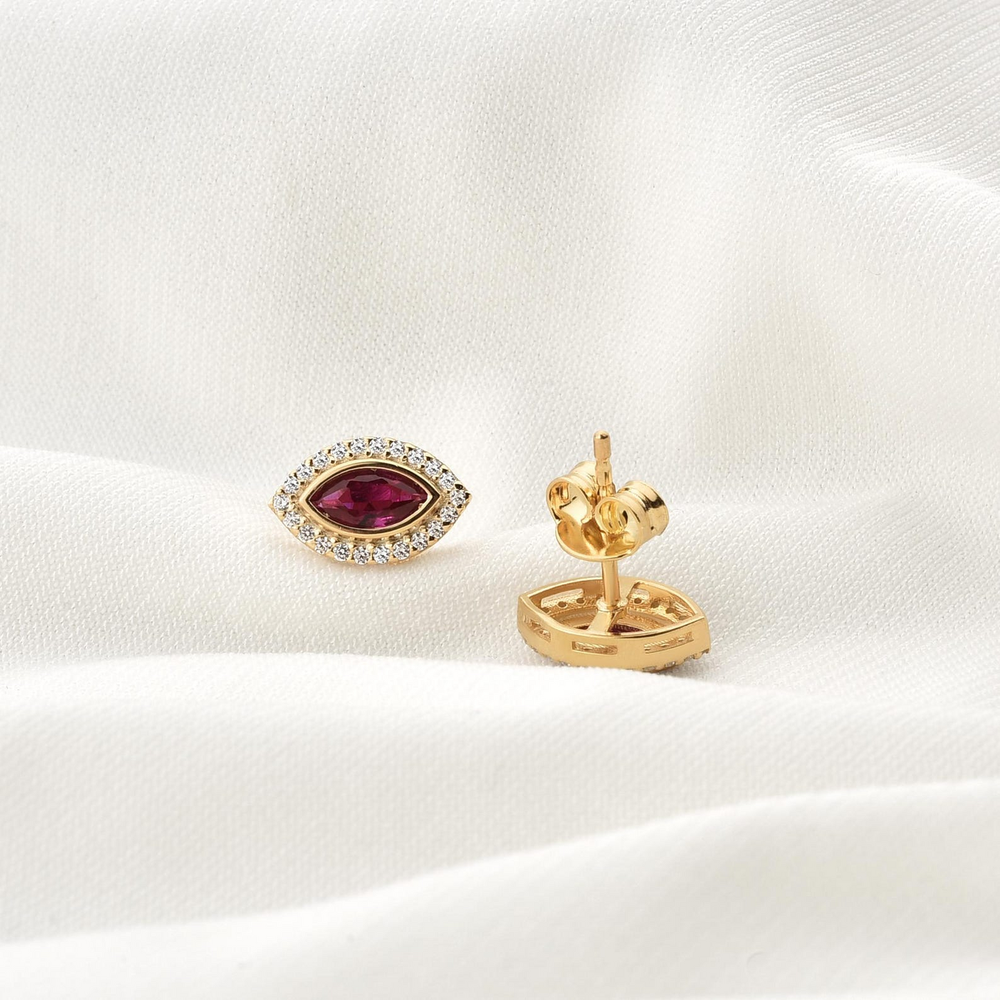 Ruby Bezel Marquise Stud Earrings with Real Diamonds in 8K/10K/14K Solid Gold | July Birthstone Jewelry