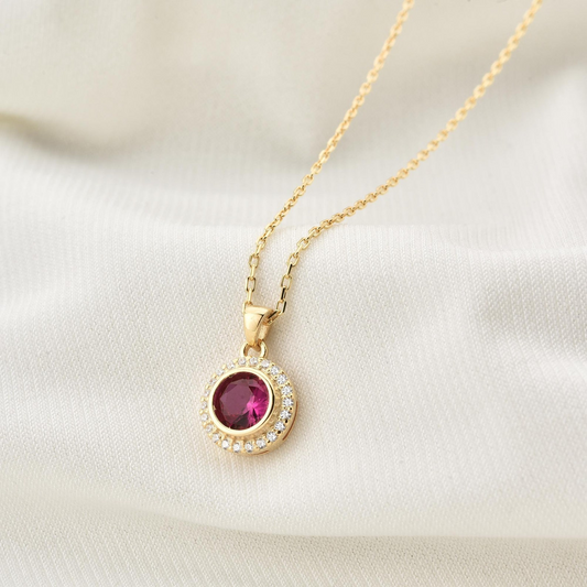 Ruby Round Bezel Necklace in 8K/10K/14K Solid Gold with Real Diamonds, July Birthstone Jewelry