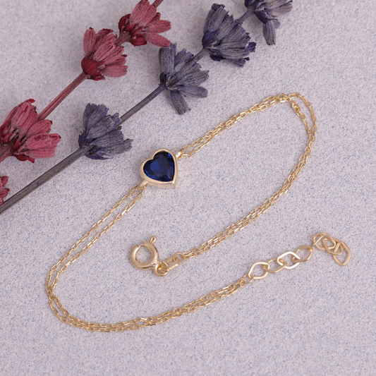 Heart Sapphire Bezel Bracelet in 10K/14K Solid Gold | September Birthstone