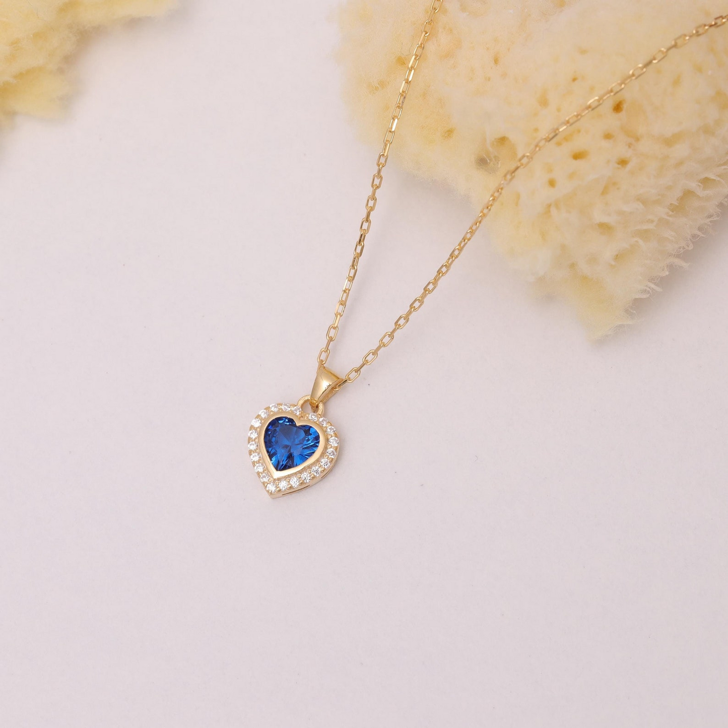 Sapphire Bezel Heart Necklace with Real Diamonds in 8K/10K/14K Solid Gold | September Birthstone Jewelry