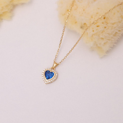 Sapphire Bezel Heart Necklace with Real Diamonds in 8K/10K/14K Solid Gold | September Birthstone Jewelry