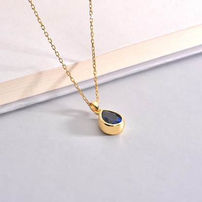 Sapphire Bezel Drop Necklace 10/14K Solid Gold, September Birthstone Jewelry