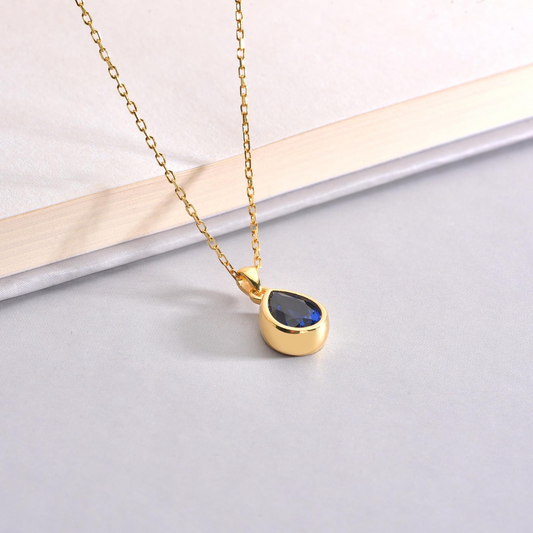 Sapphire Bezel Drop Necklace 10/14K Solid Gold, September Birthstone Jewelry