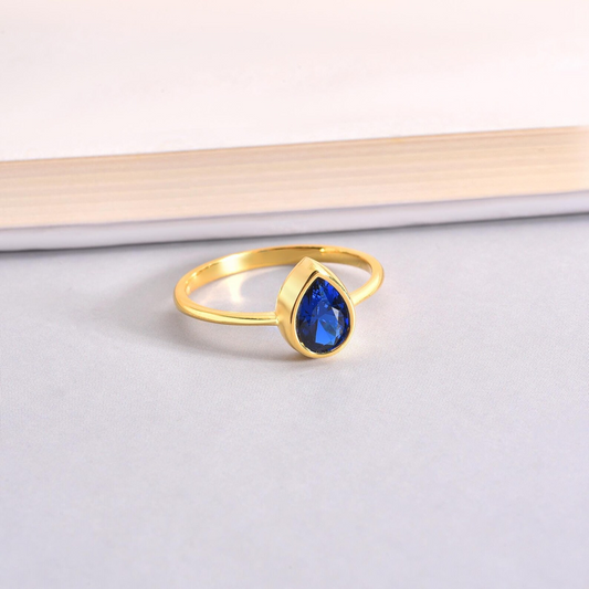 Sapphire Drop Bezel Ring 8K/10K/14K Solid Gold, September Birthstone Jewelry