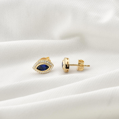 Sapphire Bezel Marquise Stud Earrings with Real Diamonds in 8K/10K/14K Solid Gold | September Birthstone Jewelry