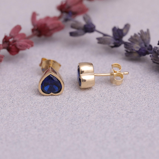 Sapphire Heart Cut Bezel Stud Earrings 10K/14K Solid Gold, September Birthstone Jewelry