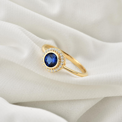 Sapphire Round Bezel Ring in 8K/10K/14K Solid Gold with Real Diamonds, September Birthstone Jewelry