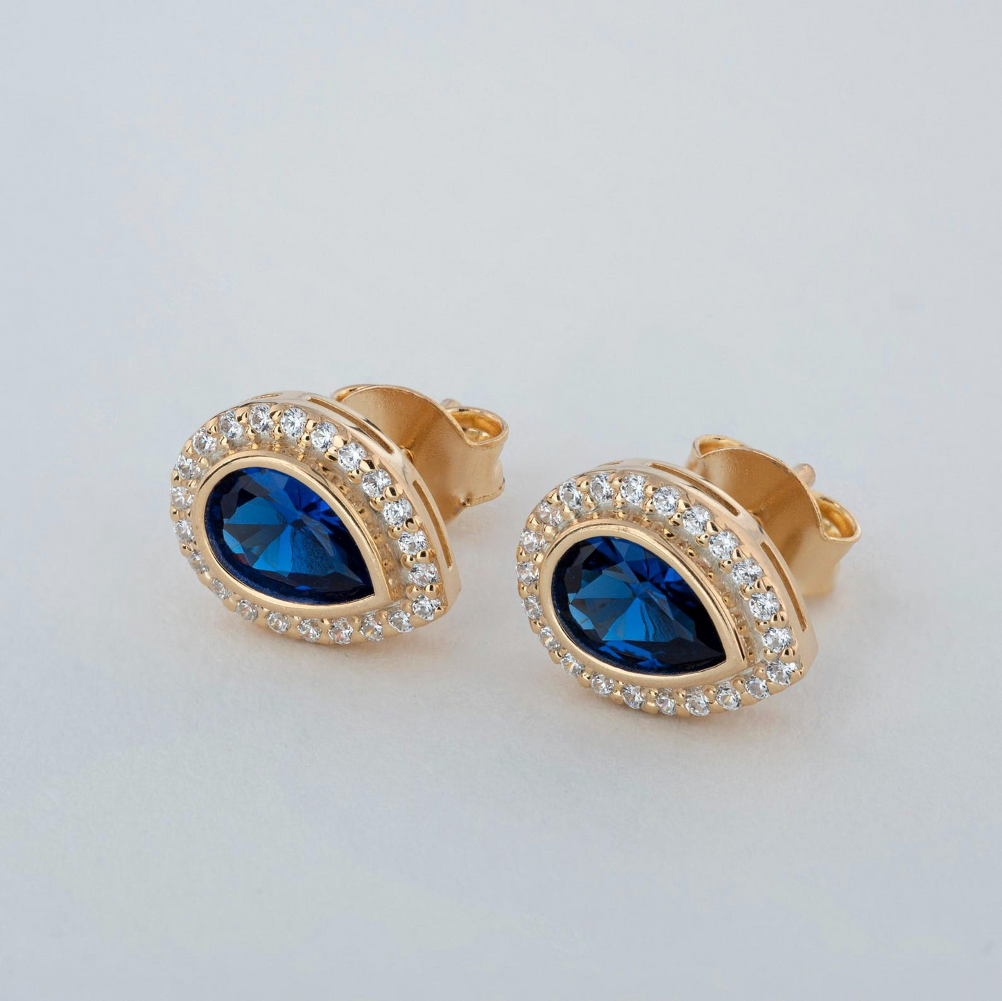 Sapphire Bezel Drop Stud Earrings with Real Diamonds in 8K/10K/14K Solid Gold | September Birthstone Jewelry
