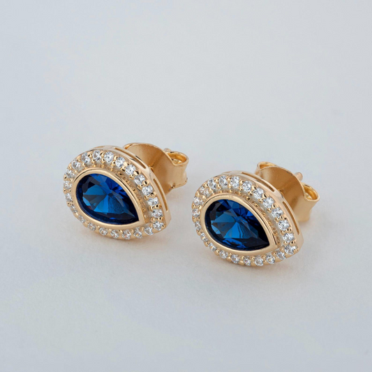 Sapphire Bezel Drop Stud Earrings with Real Diamonds in 8K/10K/14K Solid Gold | September Birthstone Jewelry