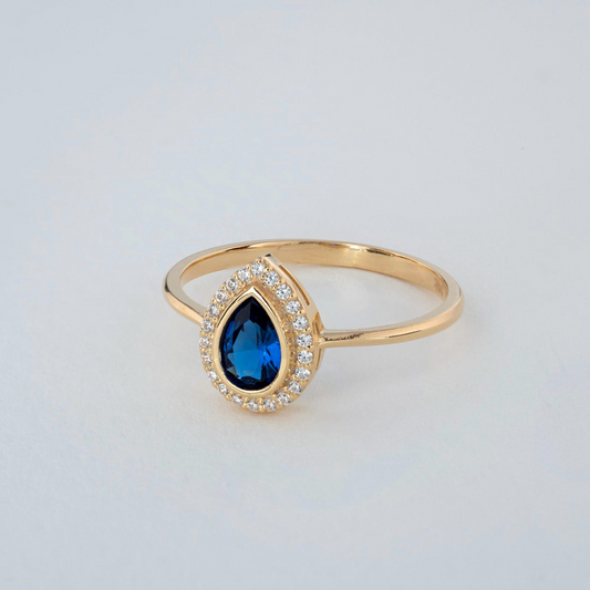 Sapphire Bezel Drop Ring with Real Diamonds in 8K/10K/14K Solid Gold | September Birthstone Jewelry