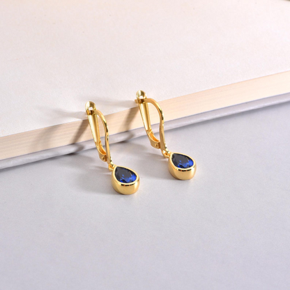Sapphire Bezel Dangle Drop Earrings in 8K/10K/14K Solid Gold, September Birthstone Jewelry