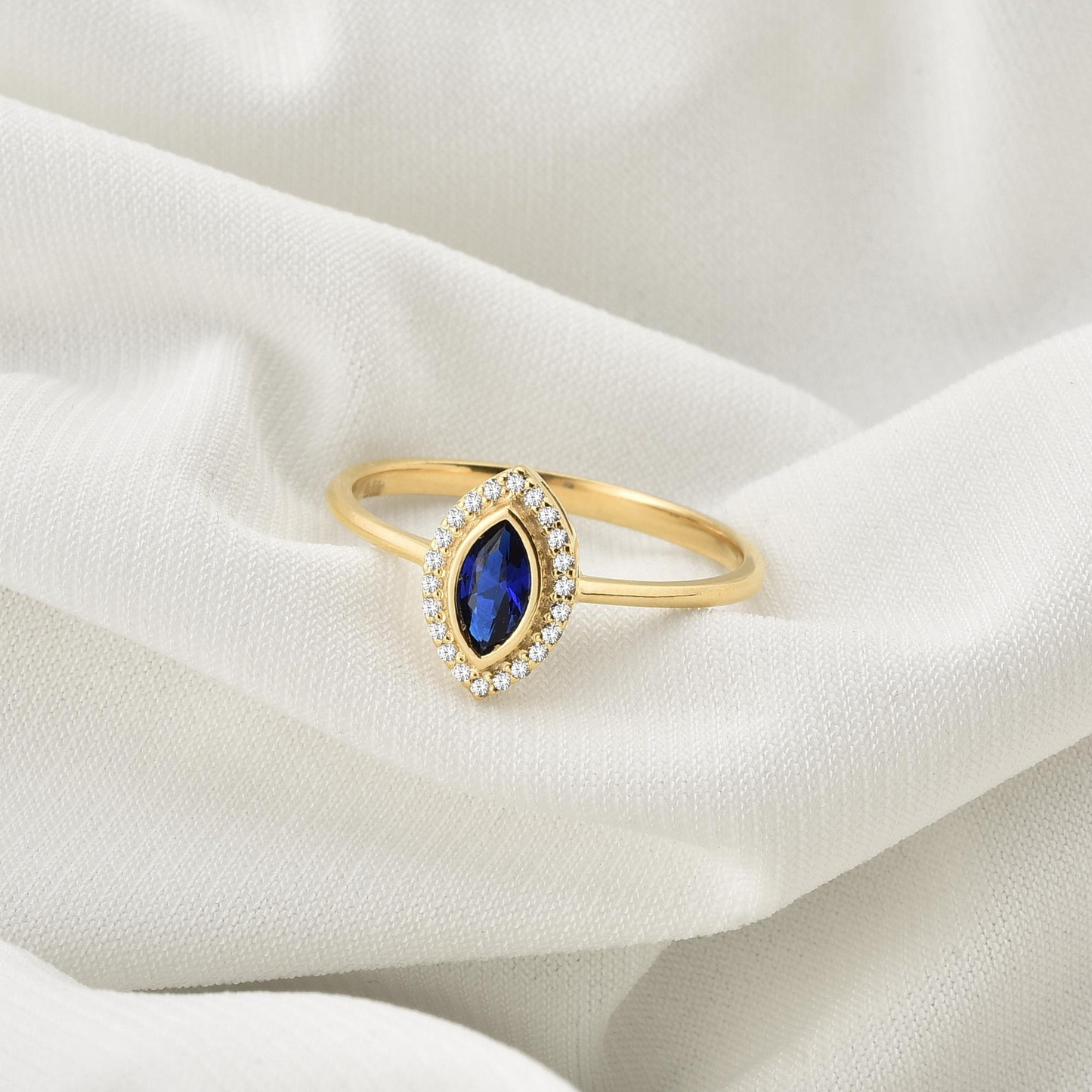 Sapphire Bezel Marquise Ring with Real Diamonds in 8K/10K/14K Solid Gold | September Birthstone Jewelry