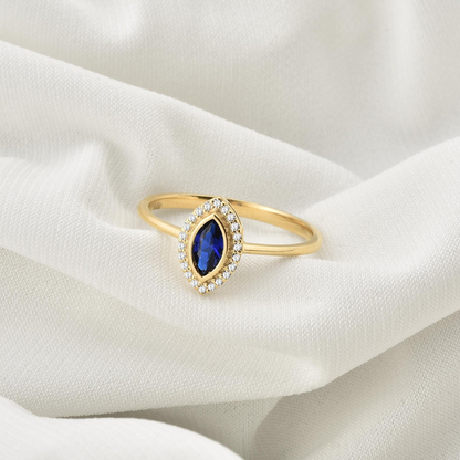 Sapphire Bezel Marquise Ring with Real Diamonds in 8K/10K/14K Solid Gold | September Birthstone Jewelry