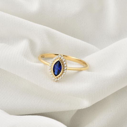 Sapphire Bezel Marquise Ring with Real Diamonds in 8K/10K/14K Solid Gold | September Birthstone Jewelry