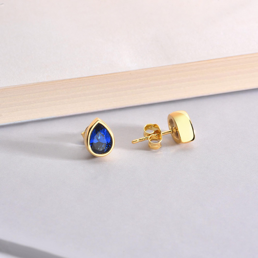 Sapphire Drop Bezel Stud Earrings in 10K/14K Solid Gold, September Birthstone Jewelry
