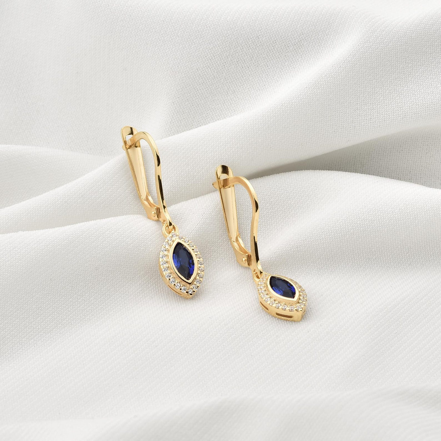 Sapphire Bezel Marquise Dangle Earrings with Real Diamonds in 8K/10K/14K Solid Gold | September Birthstone Jewelry
