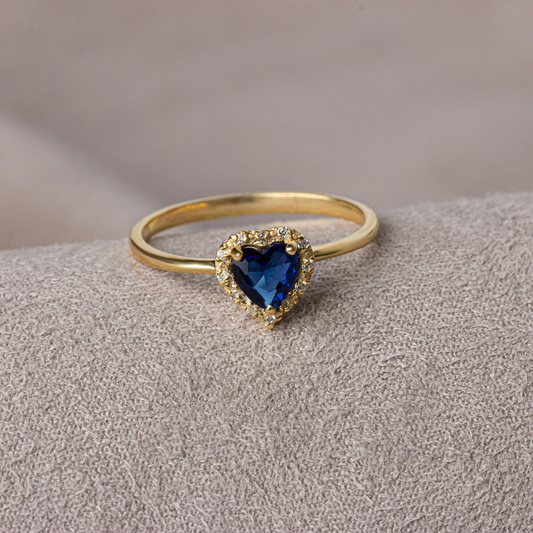 Sapphire Bezel Heart Ring with Real Diamonds Halo in 8K/10K/14K Solid Gold | September Birthstone Jewelry