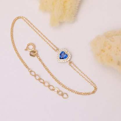 Sapphire Bezel Heart Bracelet with Real Diamonds in 8K/10K/14K Solid Gold | September Birthstone Jewelry