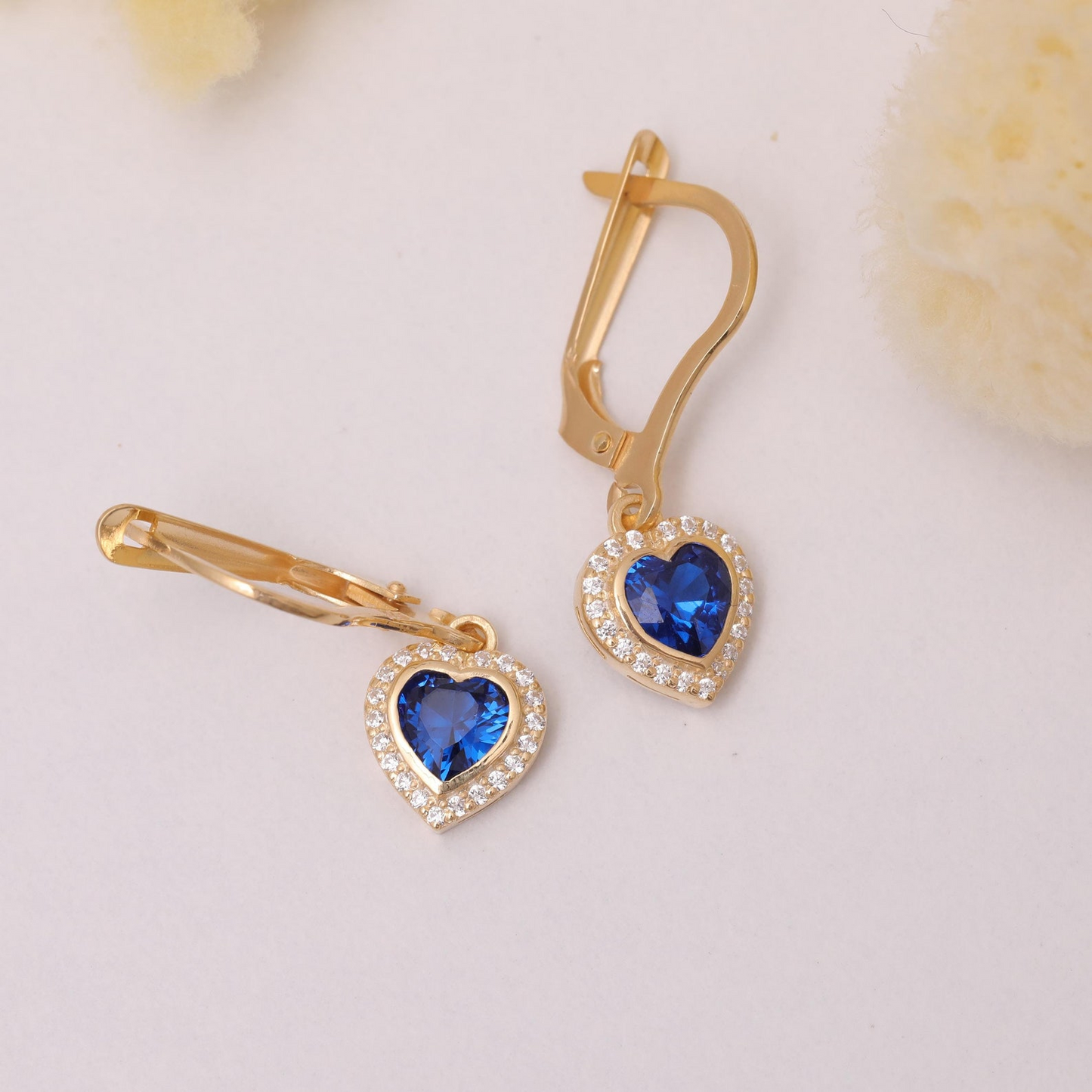 Sapphire Bezel Heart Dangle Earrings with Real Diamonds in 8K/10K/14K Solid Gold | September Birthstone Jewelry