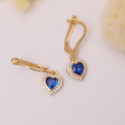 Sapphire Bezel Heart Dangle Earrings with Real Diamonds in 8K/10K/14K Solid Gold | September Birthstone Jewelry