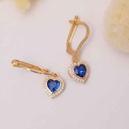 Sapphire Bezel Heart Dangle Earrings with Real Diamonds in 8K/10K/14K Solid Gold | September Birthstone Jewelry