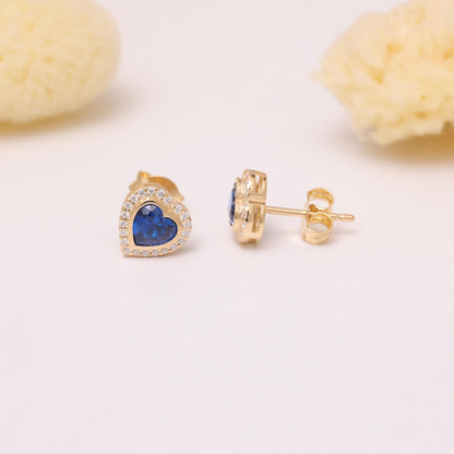 Sapphire Bezel Heart Stud Earrings with Real Diamonds in 10K/14K Solid Gold | September Birthstone Jewelry