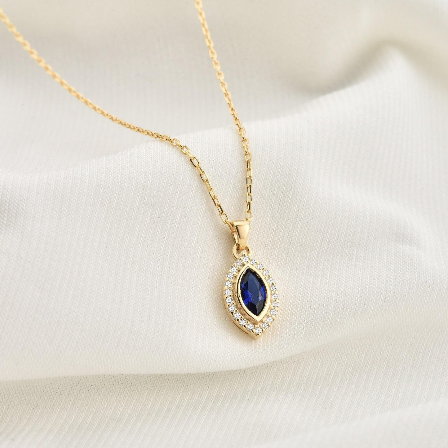 Sapphire Bezel Marquise Necklace with Real Diamonds in 8K/10K/14K Solid Gold | September Birthstone Jewelry