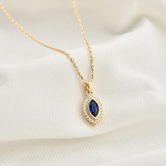 Sapphire Bezel Marquise Necklace with Real Diamonds in 8K/10K/14K Solid Gold | September Birthstone Jewelry