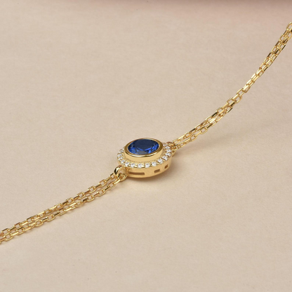 Sapphire Round Bezel Bracelet in 8K/10K/14K Solid Gold with Real Diamonds, September Birthstone Jewelry