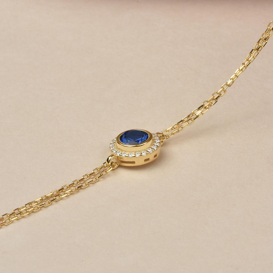Sapphire Round Bezel Bracelet in 8K/10K/14K Solid Gold with Real Diamonds, September Birthstone Jewelry