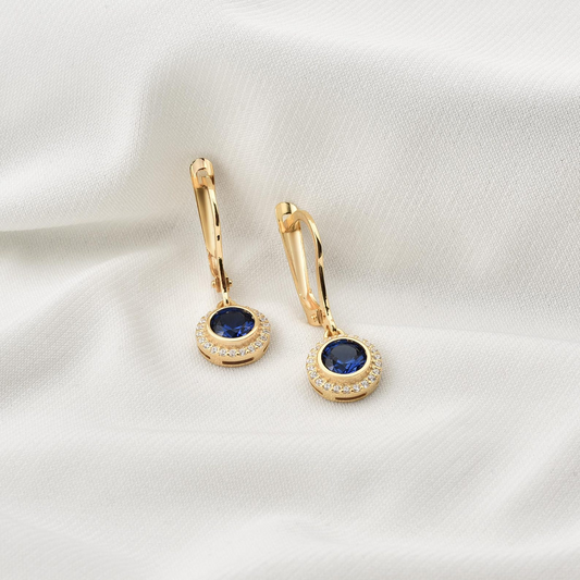 Sapphire Round Bezel Dangle Earrings in 8K/10K/14K Solid Gold with Real Diamonds, September Birthstone Jewelry