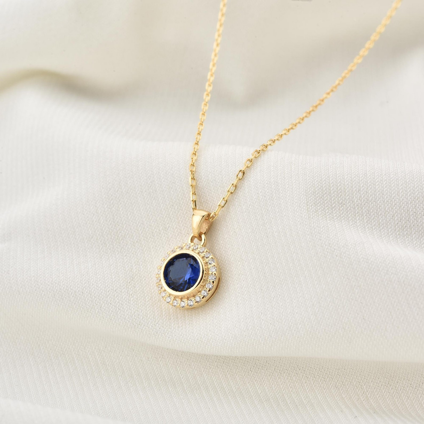 Sapphire Round Bezel Necklace in 8K/10K/14K Solid Gold with Real Diamonds, September Birthstone Jewelry