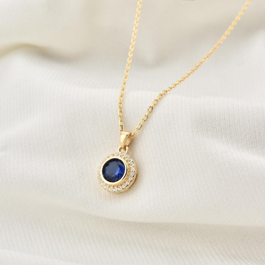 Sapphire Round Bezel Necklace in 8K/10K/14K Solid Gold with Real Diamonds, September Birthstone Jewelry