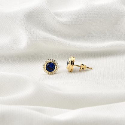 Sapphire Round Bezel Stud Earrings in 8K/10K/14K Solid Gold with Real Diamonds, September Birthstone Jewelry