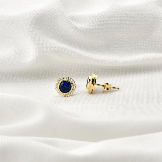 Sapphire Round Bezel Stud Earrings in 8K/10K/14K Solid Gold with Real Diamonds, September Birthstone Jewelry