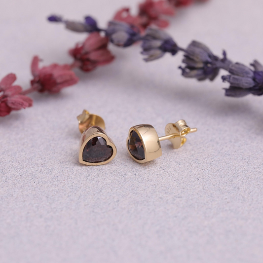 Smoky Quartz Heart Bezel Cut Stud Earrings 10K/14K Solid Gold, Birthstone Jewelry