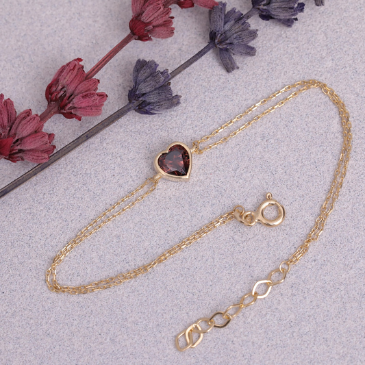 Heart Smoky Quartz Bezel Bracelet in 10K/14K Solid Gold | Handmade Elegant Jewelry