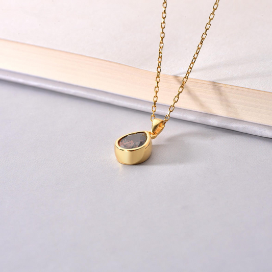 Smoky Quartz Bezel Drop Necklace 10/14K Solid Gold, Birthstone Jewelry