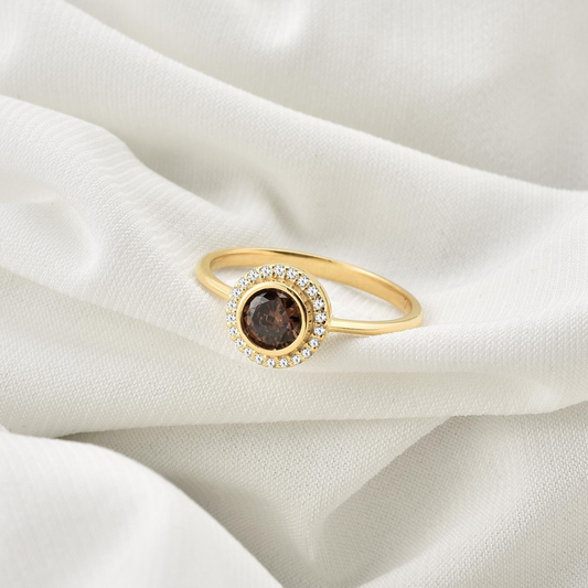 Smoky Quartz Round Bezel Ring in 8K/10K/14K Solid Gold with Real Diamonds, Handmade Jewelry