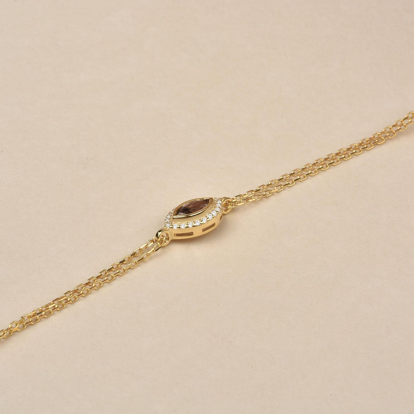 Smoky Quartz Bezel Marquise Bracelet with Real Diamonds in 8K/10K/14K Solid Gold | Handmade Jewelry