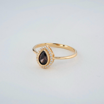 Smoky Quartz Bezel Drop Ring with Real Diamonds in 8K/10K/14K Solid Gold | Handmade Jewelry