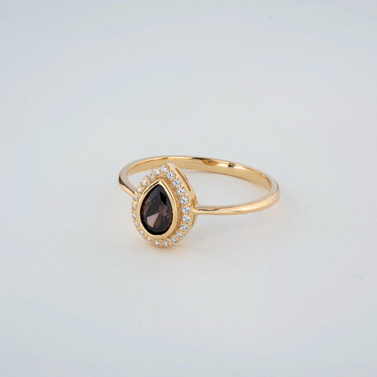 Smoky Quartz Bezel Drop Ring with Real Diamonds in 8K/10K/14K Solid Gold | Handmade Jewelry
