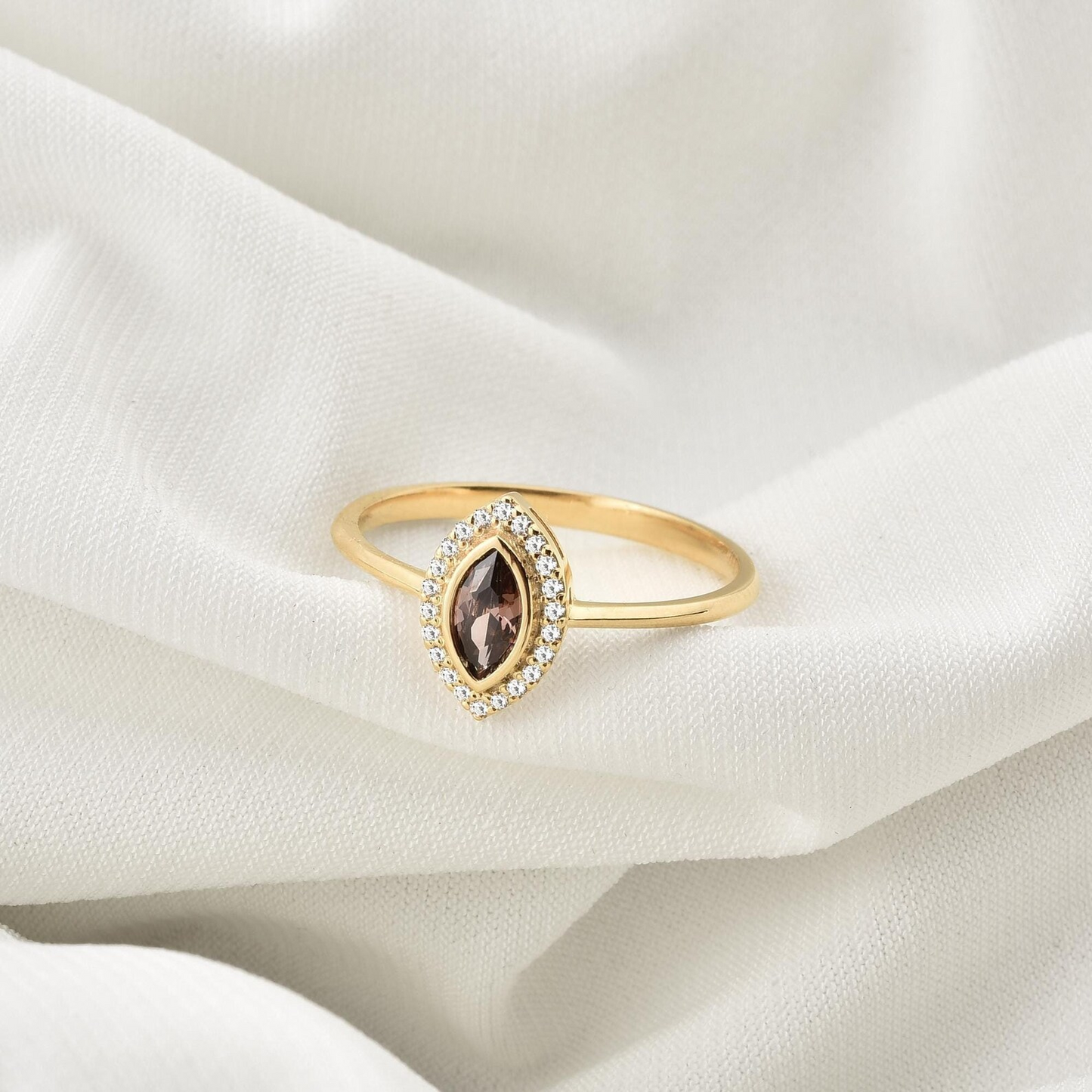 Smoky Quartz Bezel Marquise Ring with Real Diamonds in 8K/10K/14K Solid Gold | Handmade Jewelry