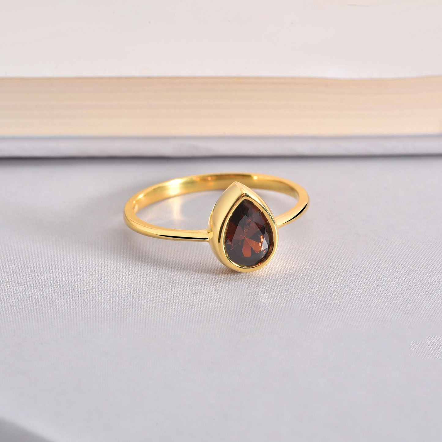 Smoky Quartz Drop Bezel Ring 8K/10K/14K Solid Gold, Birthstone Jewelry