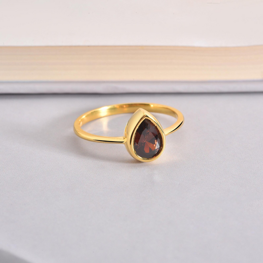 Smoky Quartz Drop Bezel Ring 8K/10K/14K Solid Gold, Birthstone Jewelry