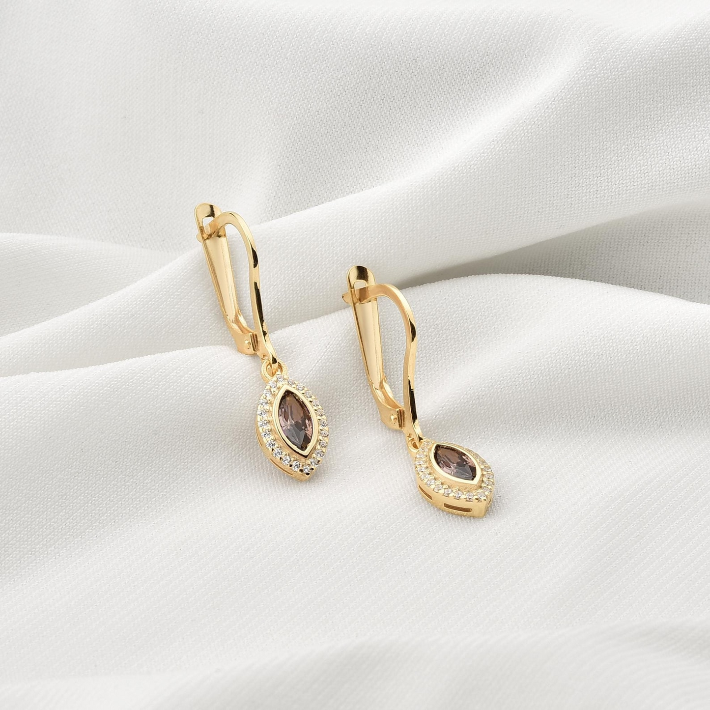 Smoky Quartz Bezel Marquise Dangle Earrings with Real Diamonds in 8K/10K/14K Solid Gold | Handmade Jewelry