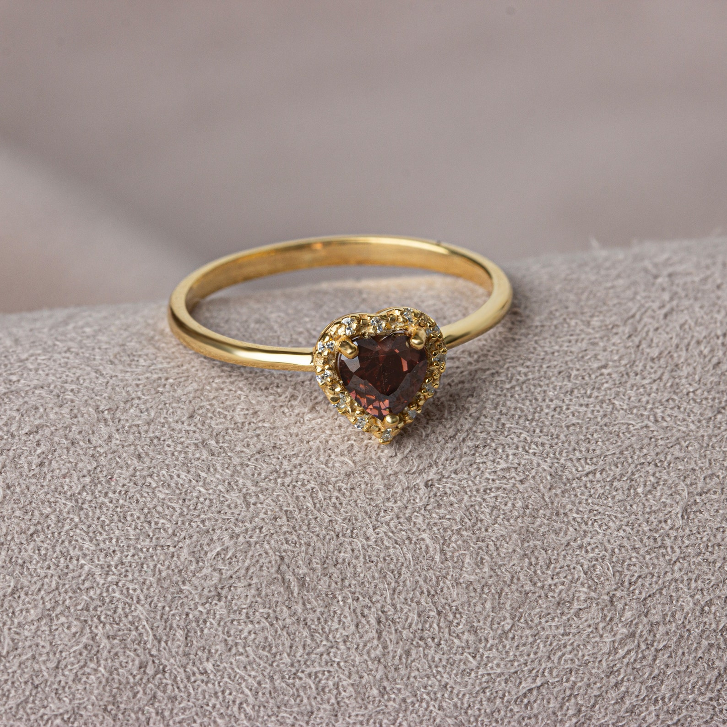 Smoky Quartz Bezel Heart Ring with Real Diamonds Halo in 8K/10K/14K Solid Gold | Birthstone Jewelry