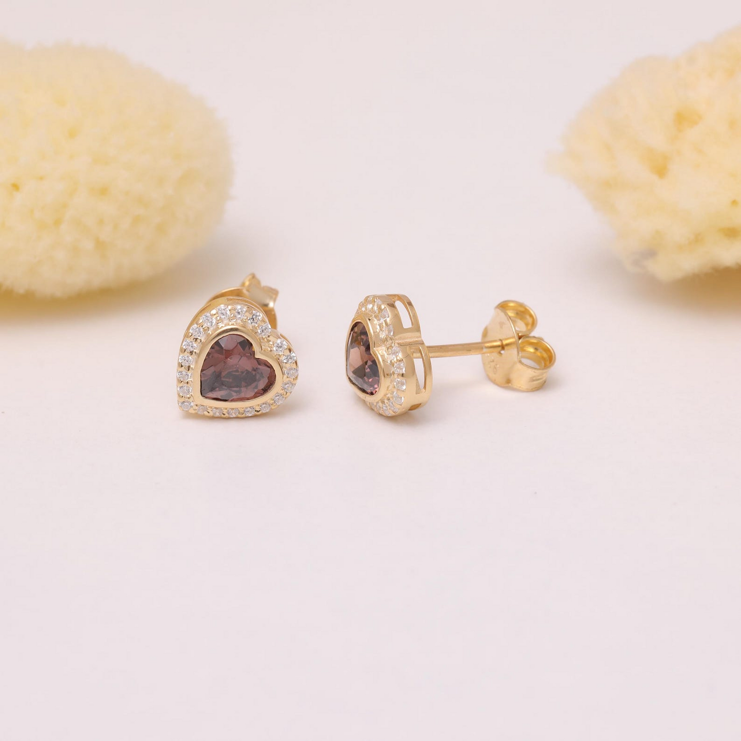 Smoky Quartz Bezel Heart Stud Earrings with Real Diamonds in 10K/14K Solid Gold | Birthstone Jewelry