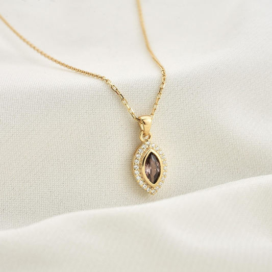 Smoky Quartz Bezel Marquise Necklace with Real Diamonds in 8K/10K/14K Solid Gold | Handmade Jewelry